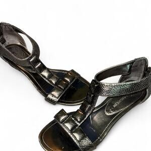 Charcoal metallic black grey snakeskin sandals